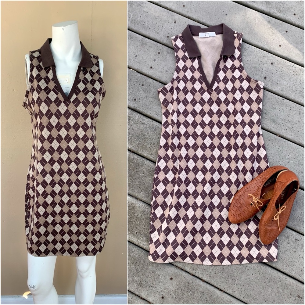 SALE! 70s Diamond Print Collared Mini Dress | 90s Clueless Bodycon Dress